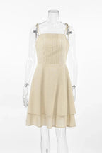Lace Up Backless A-Line Patchwork Mini Dress with Square Collar