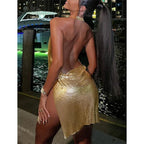 Metallic Chainmail Cowl Neck Halter Side Slit Mini Dress
