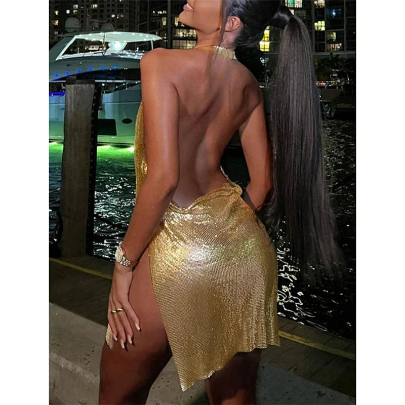 Metallic Chainmail Cowl Neck Halter Side Slit Mini Dress