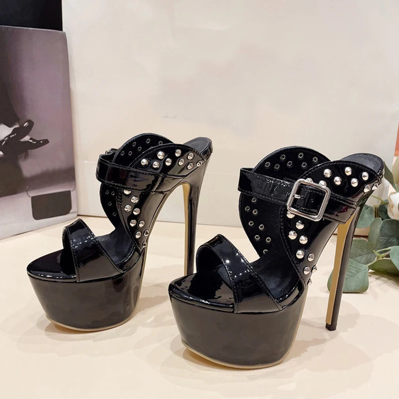 Metal Rivet Super High Heel Platform Slippers for Women Fashion