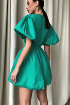 V-Neck Short Sleeves Mini Dress with Elastic Waist