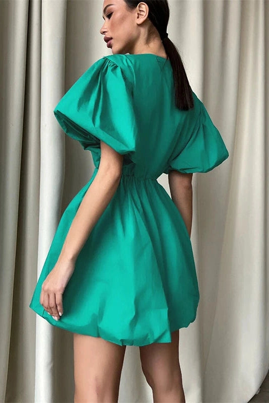 V-Neck Short Sleeves Mini Dress with Elastic Waist