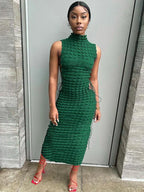 Mock Neck Popcorn Texture Side Lace Up Cut Out Bodycon Midi Dress