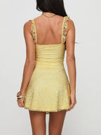 Floral Lace Square Neck Ruffle Strap Bow Detail Scalloped Hem Mini Dress
