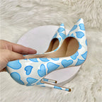 Blue Sweetheart Printed White Pointy Toe High Heel Shoes for Women