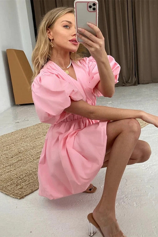 V-Neck Short Sleeves Mini Dress with Elastic Waist