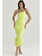 One Shoulder Spaghetti Strap Feather Trim Hem Bodycon Midi Dress