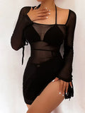 Sheer Mesh Long Sleeve Square Neck High Slit Mini Dress