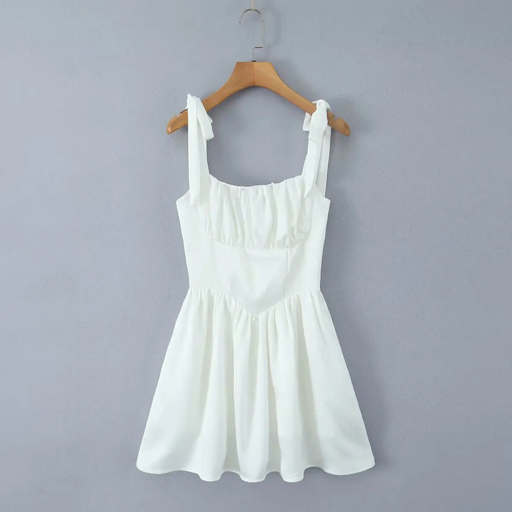 2025 Pleated Design Tie-up Sleeveless Summer Dresses Women Solid Color Slim Fit Mini Dress Simple Fashion Party Dress