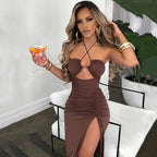 Halterneck Criss Cross Strap Ruched Bust Cut Out Drawstring Side Slit Midi Dress