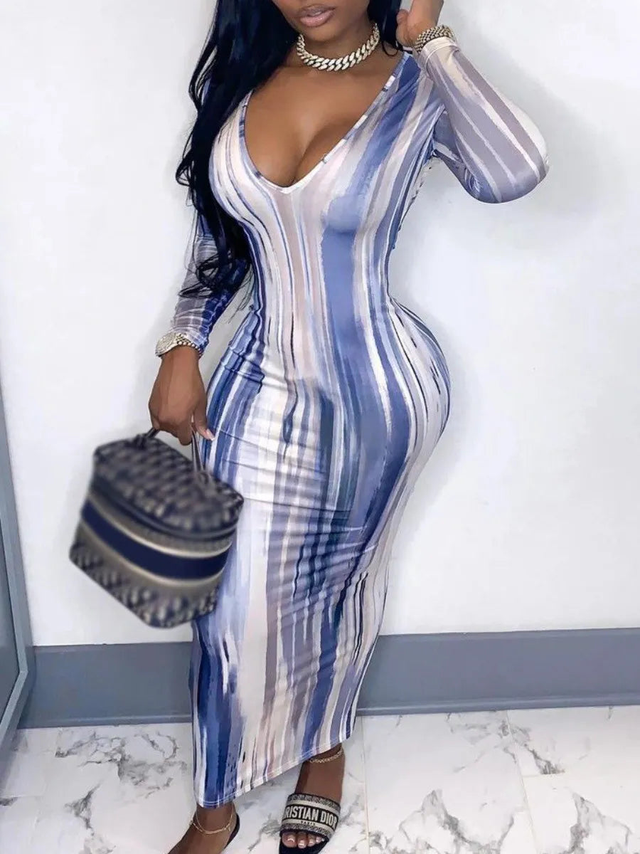 Abstract Brushstroke Print Deep V-Neck Long Sleeve Bodycon Maxi Dress