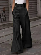 New Autumn Winter Faux PU Pants Women Fashion Casual Solid Color Pleated Pockets High Waisted Wide Leg Trousers