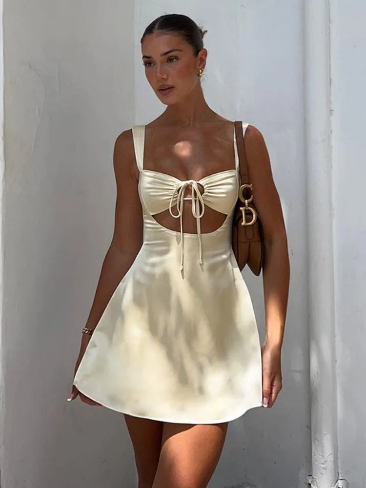 Spaghetti Strap Tie Front Ruched Bust Keyhole Cutout A Line Mini Dress