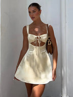 Spaghetti Strap Tie Front Ruched Bust Keyhole Cutout A Line Mini Dress