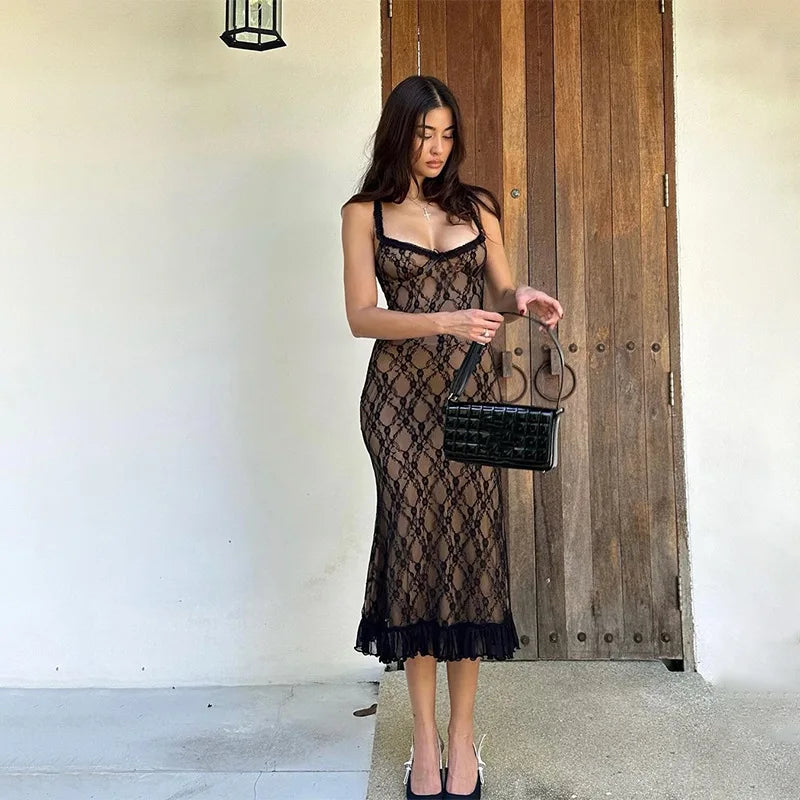 Lace Floral Overlay Spaghetti Strap Scoop Neck Ruffle Hem Midi Dress