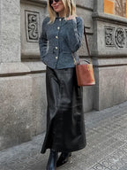 Black PU High Waist Long Skirt For Women Patchwork Casual Commute Slim Autumn Plaid Skirt Fashion Female Maxi Skirt