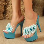 Women's Fashion Embroidery Flower Platform Slipper with Open Toe and Super High Heels