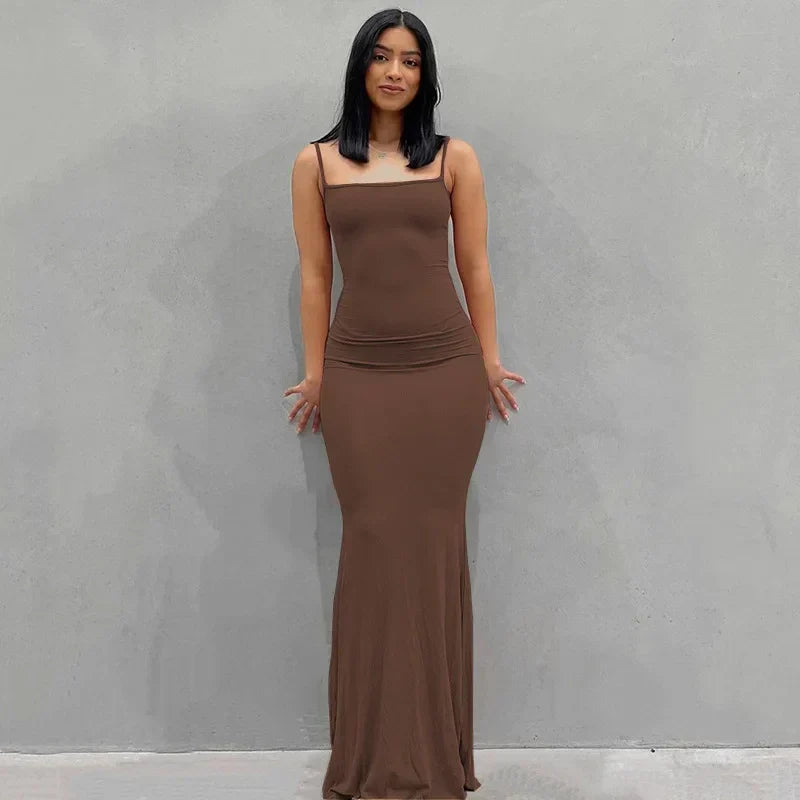 Ribbed Knit Spaghetti Strap Scoop Neck Mermaid Hem Maxi Dress