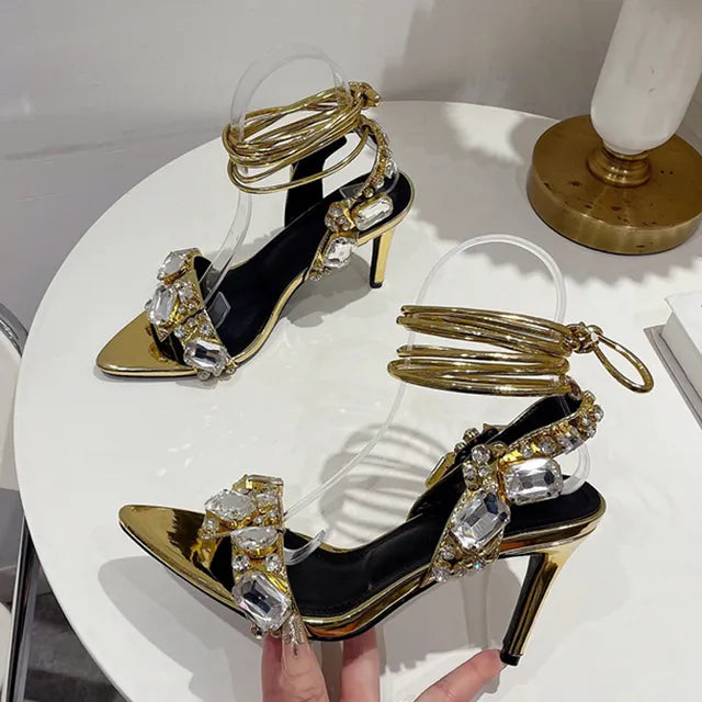 Gold Ankle Strap Sandals for Women Nightclub Party Stripper Heels