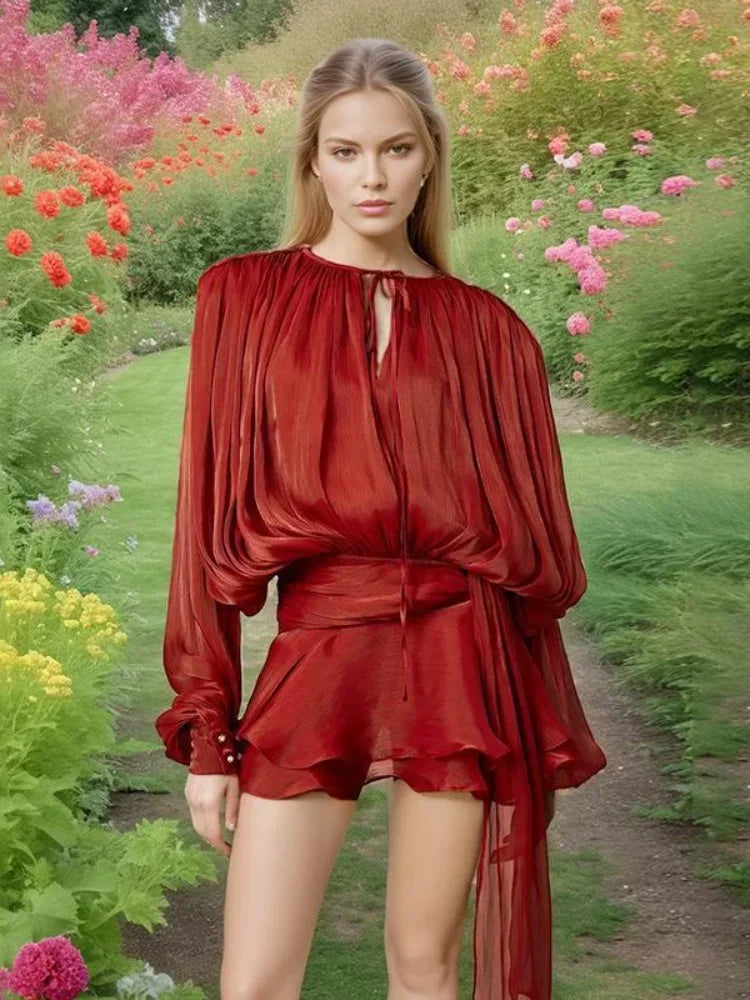 Metallic Pleated Balloon Sleeve Tie Neck Ruffled Hem Two-Piece Set