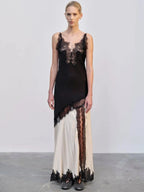 Sling V-Neck Colorblock Backless Long Lace Dress