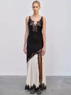 Lace Trim Colorblock Panel Spaghetti Strap High Split Maxi Dress