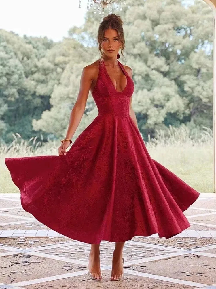 Jacquard Strapless Bow Back Fit and Flare Mini Dress