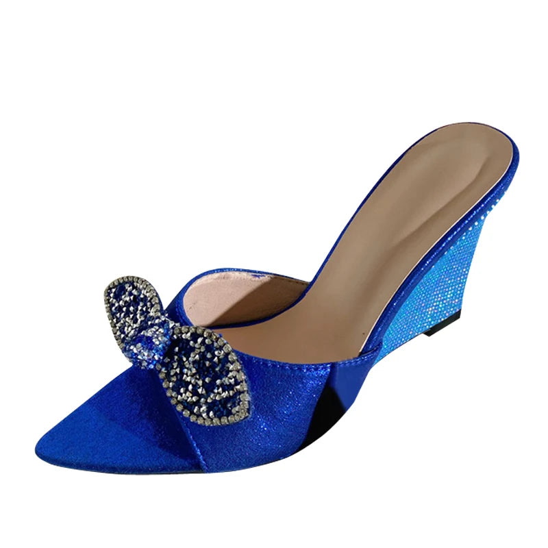Glitter Rhinestones Bowknot Wedges Slippers for Women