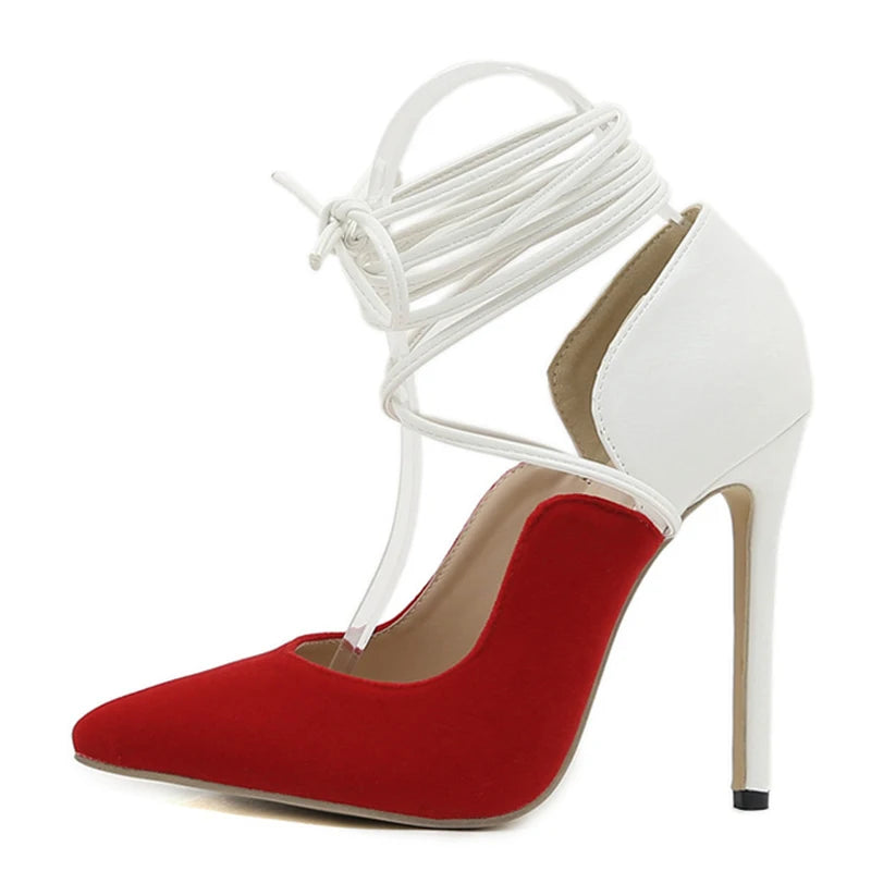 White Red Mixed Color Women Pumps with Sexy Pointed Toe and Strappy Heels