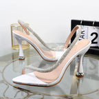 Fishmouth transparent rhinestone stiletto sandals for summer