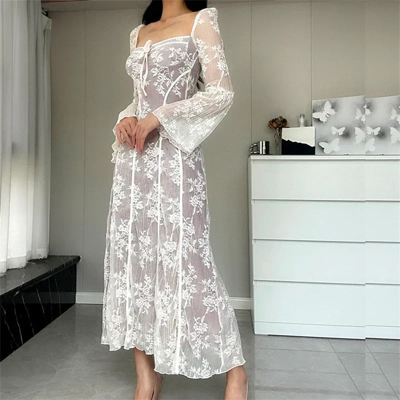 Square Neck Tie Detail Lace Bell Sleeve Paneled Midi Dress