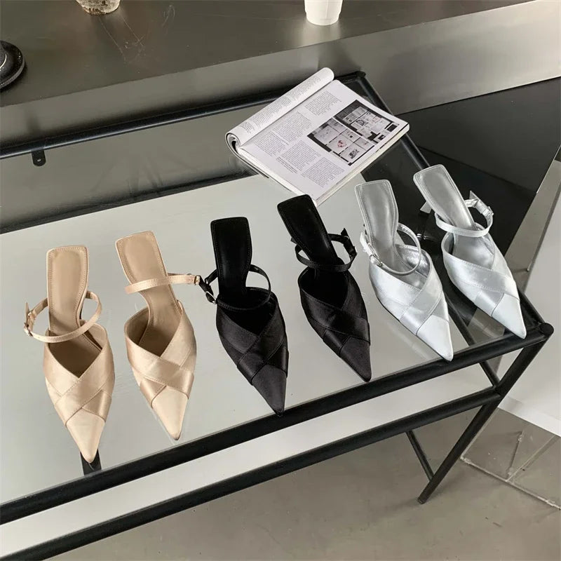 Shallow Pointed Toe Women Pumps with Buckle Strap and Thin Heels
