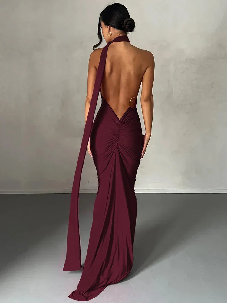 Halter Neck Open Back Draped Sash Ruched Ring Detail Maxi Dress