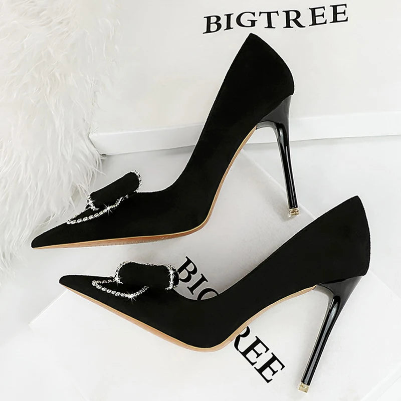 Rhinestone Bowknot Suede High Heels for Women - Sexy Party Shoes