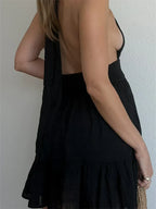 Halter Neck Deep V-Neck Smocked Waist Tiered Ruffle Pocket Mini Dress