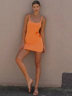 Knit Scoop Neck Spaghetti Strap Abstract Print Bodycon Mini Dress