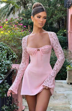Lace Long Sleeve Open Back Lace Up Smocked Corset Back Mini Dress