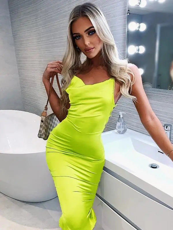 Cowl Neck Spaghetti Strap All Over Ruched Satin Bodycon Midi Dress