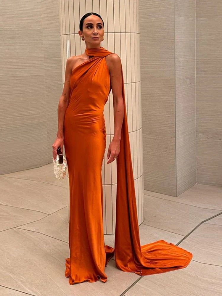 Satin Halter Neck Draped Sash Panel Column Maxi Dress