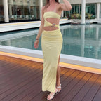 Strapless Ring Waist Cutout Ruched Hip High Slit Maxi Dress
