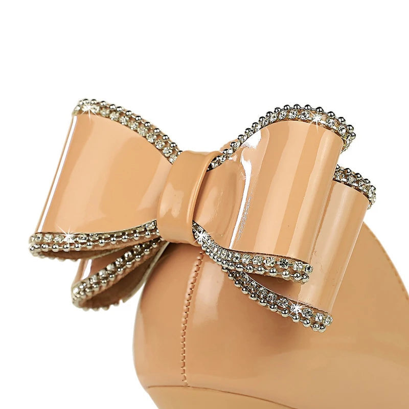 Patent Leather High Heels with Rear Rhinestone Bowknot for Women
