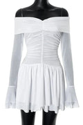 Off-Shoulder Long Sleeve Mini Dress with Pleated High Waist Slim Fit