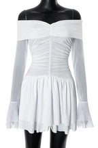Off-Shoulder Long Sleeve Mini Dress with Pleated High Waist Slim Fit