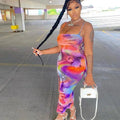 Spaghetti Strap Side Lace Up Abstract Print Bodycon Midi Dress