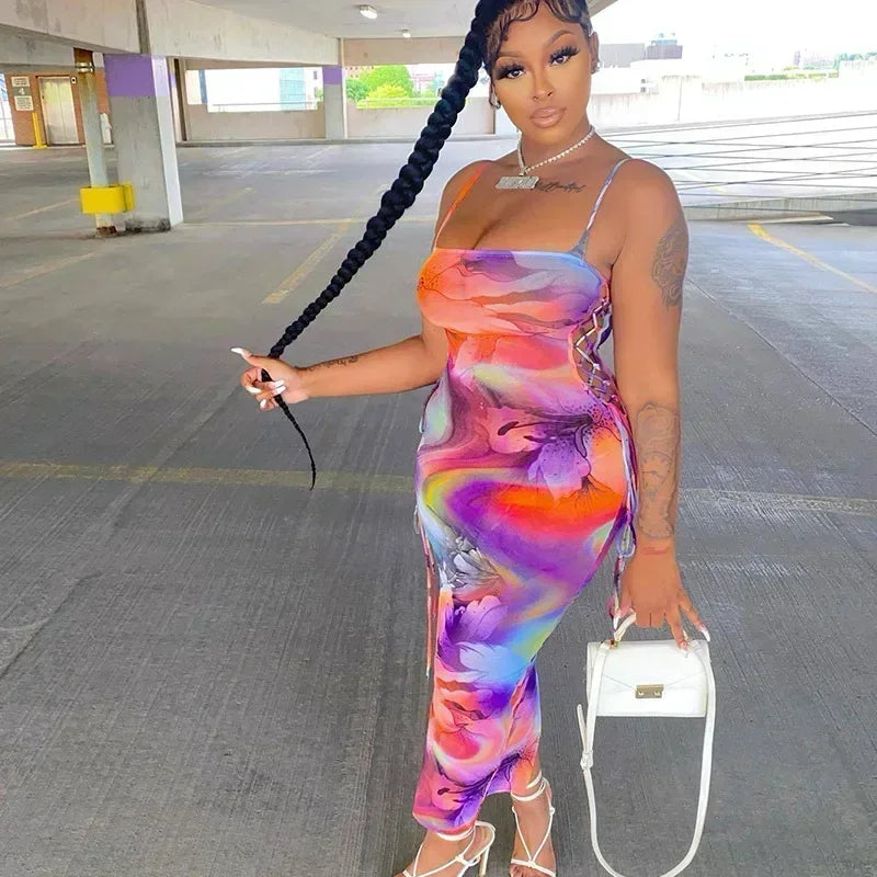 Spaghetti Strap Side Lace Up Abstract Print Bodycon Midi Dress