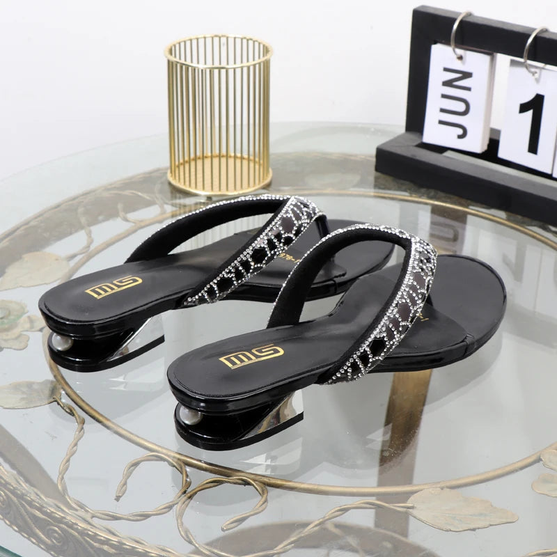 Clip Toe Low Heel Rhinestone Women's Slippers for Summer Wear