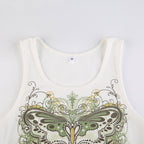 DressBetty - Slim Knitted Vest White Sleeveless O Neck Butterfly Vintage Print Tank Crop Tops