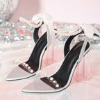White String Bead Ankle Strap Sandals with Transparent High Heels