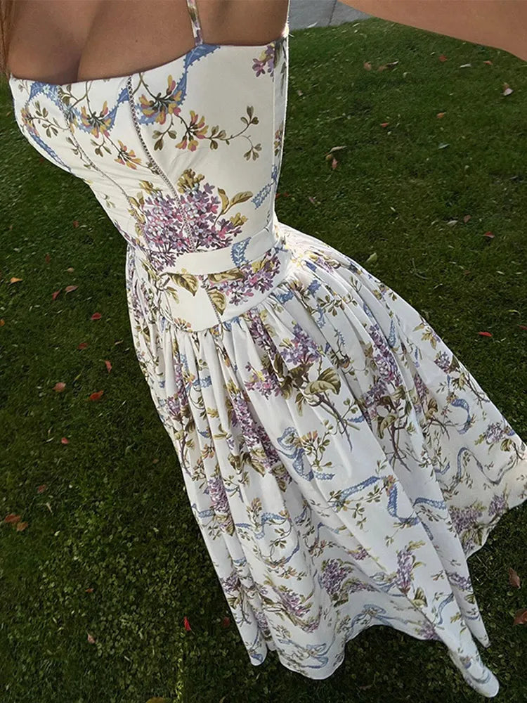 Strapless Corset Bodice Floral Ribbon Print Ball Gown Maxi Dress