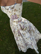 Strapless Corset Bodice Floral Ribbon Print Ball Gown Maxi Dress